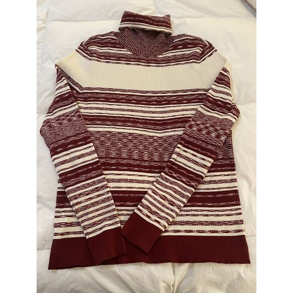 Tory Burch Women's JULIE Burgundy Red Striped Turtleneck Sweater Size XL - Picture 2 of 5